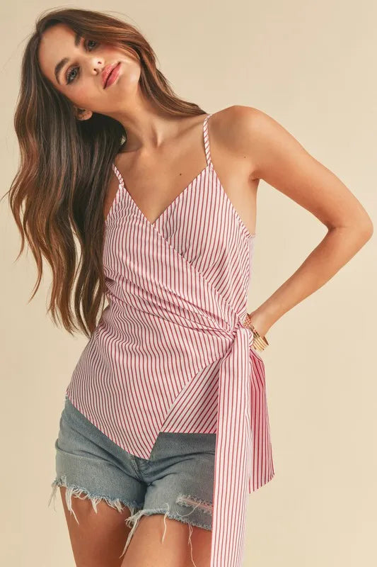 White/red striped surplice cami with side knot, wrap front V-neck, spaghetti straps