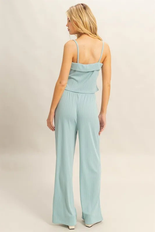 Back view: Aqua rib-knit cami with spaghetti straps and matching wide-leg pants