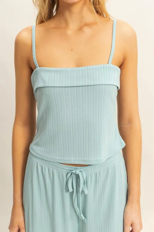 Aqua rib-knit cami with spaghetti straps, ruffled bust, paired with matching pants