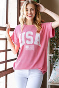 Heimish graphic short-sleeve ribbed top, coral with large white USA-style print