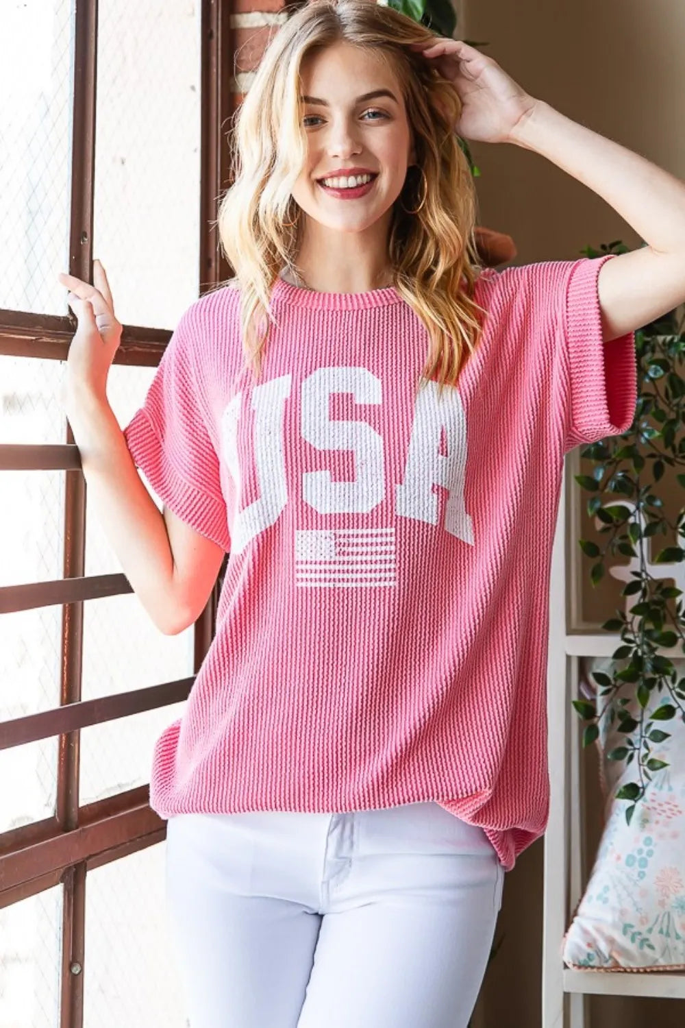 Heimish graphic short-sleeve ribbed top, coral with large white USA-style print