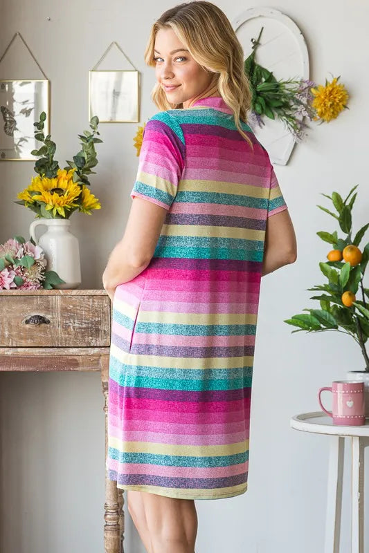 Pink multi striped short-sleeve mini tee dress, plus size, V-neck back view