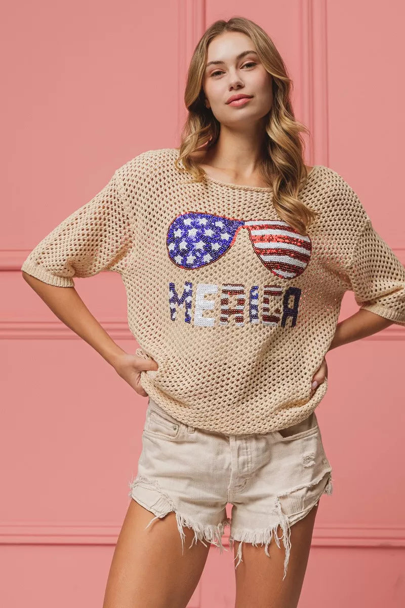 OATMEAL knit cover-up with sequined flag glasses, loose fit and elbow sleeves