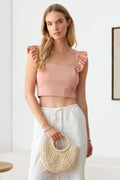 Dusty pink square-neck crop top with ruffled cap sleeves
