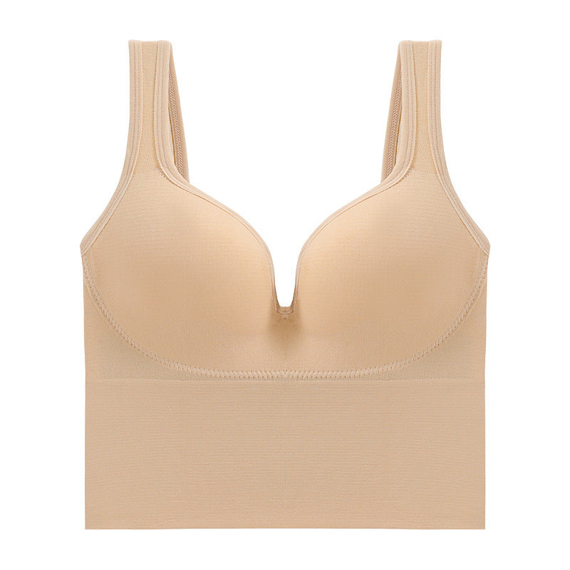 Apricot soft support sports bra front with molded cups and smooth wide band