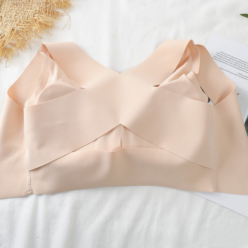 Beige two-in-one adjustable bra with wide front band and V neckline