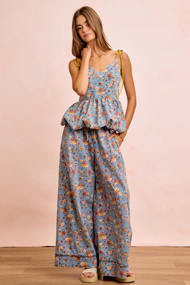 Denim floral wide-leg pants with tie drawstring waist; relaxed drape, ankle-length hems