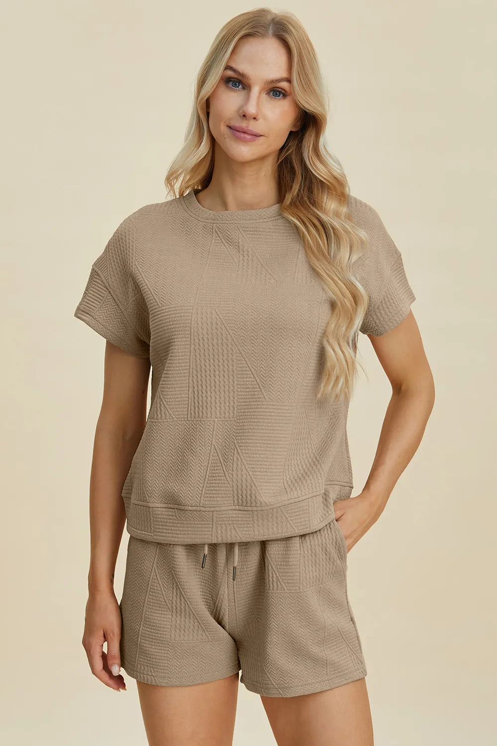 Khaki textured short-sleeve top and drawstring shorts set, crew neck