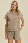 Khaki textured short-sleeve top and drawstring shorts set, crew neck