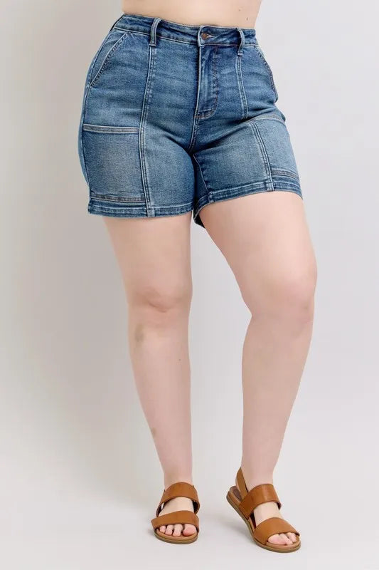 High Rise Denim Shorts Plus Size, Medium wash, waistband and side seam detail
