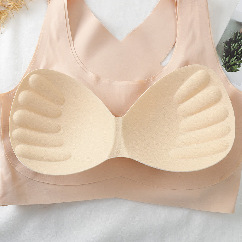 Beige padded bra with molded cups and underband seam detail
