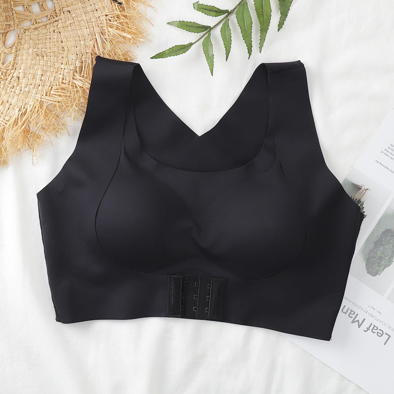 Black adjustable posture bra with wide band and front hook-and-eye closure