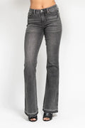 Washed gray mid-rise flare jeans with frayed hem, five-pocket styling and dark topstitching