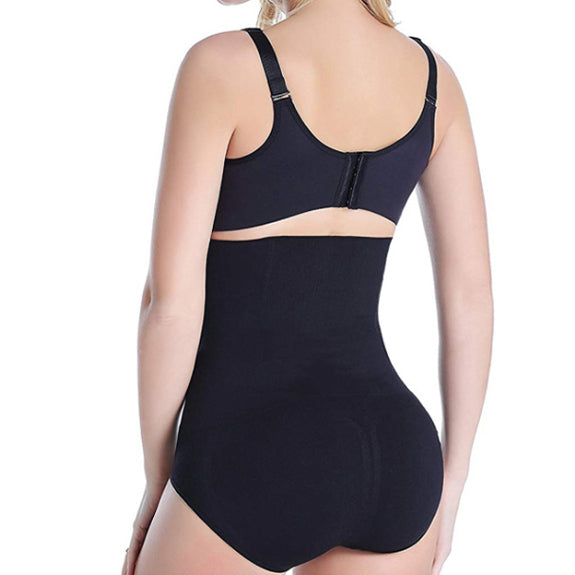 Black high-waisted shaping panties, back view with adjustable back straps