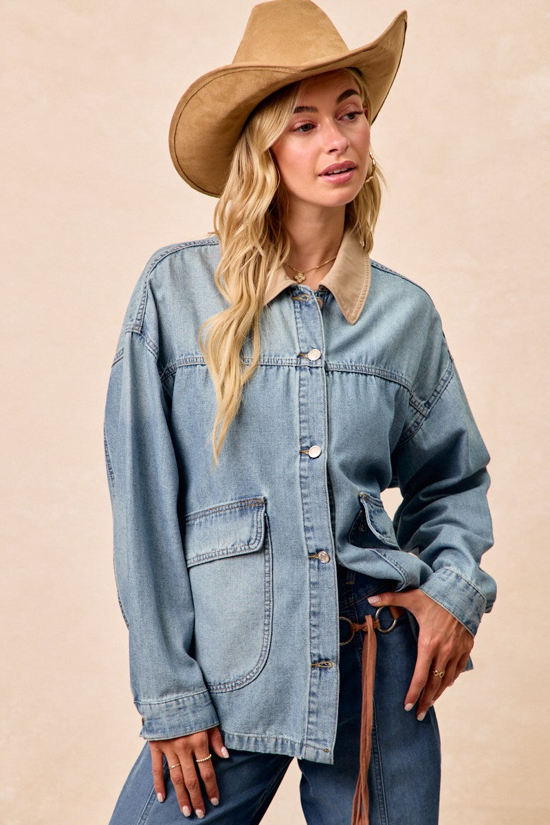 Light blue washed denim jacket with contrast collar, button front, and large chest pocket.