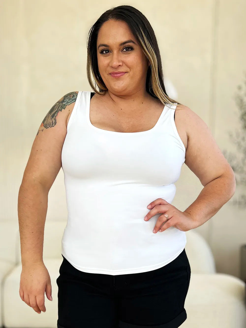 White square-neck wide-strap tank top with sleeveless fit