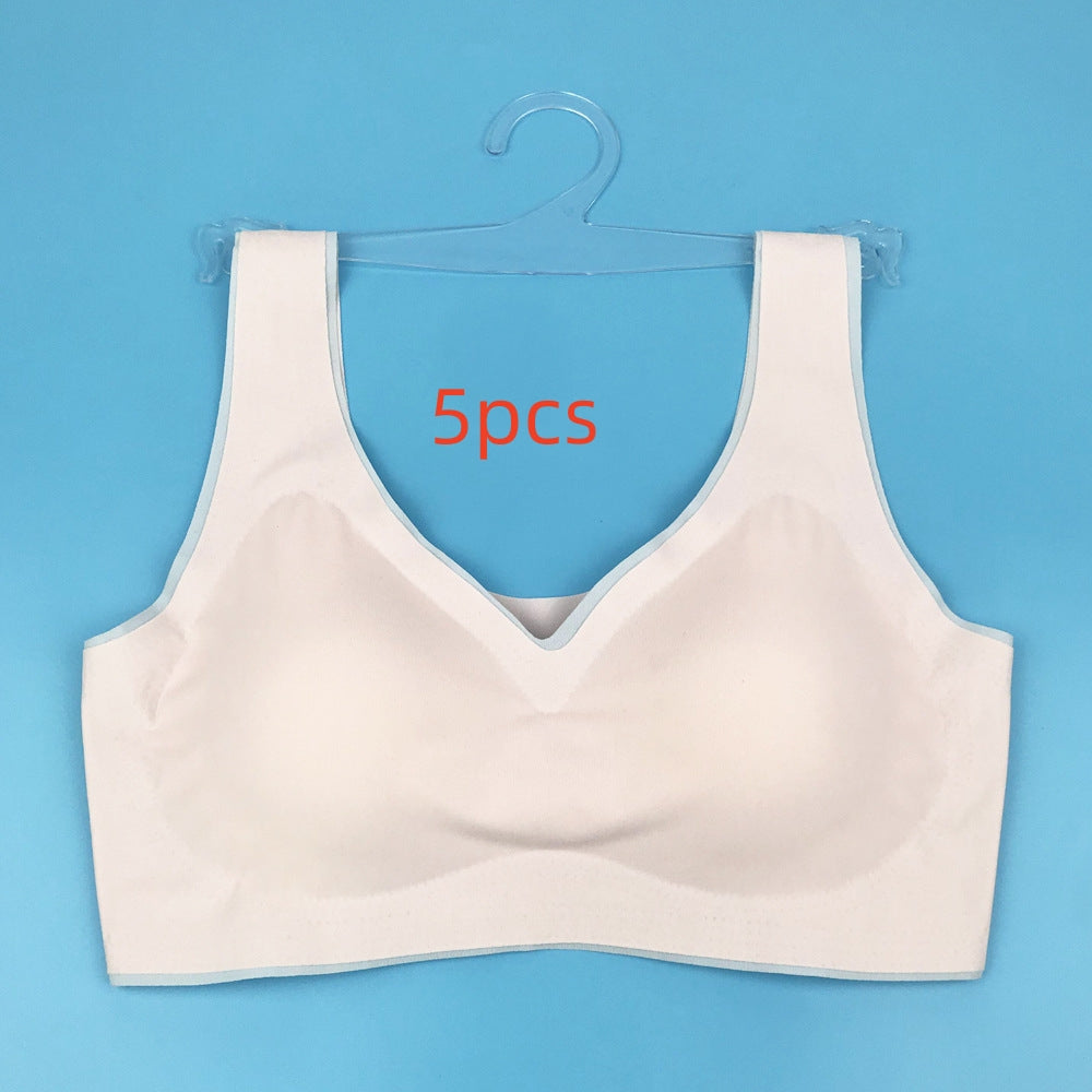 Cream seamless back bra with V-neckline and wide straps, flat lay on hanger