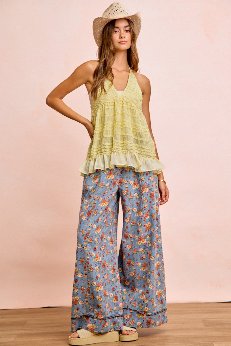 Denim floral printed wide pants with drawstring at waist and loose, wide pant legs