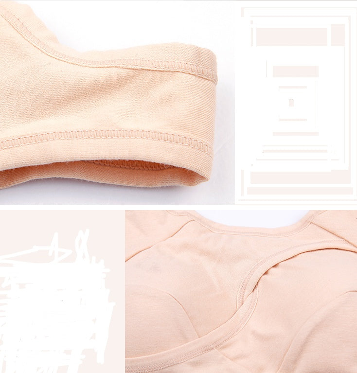 Beige cotton sports bra fabric close-up with stitched neckline and hem