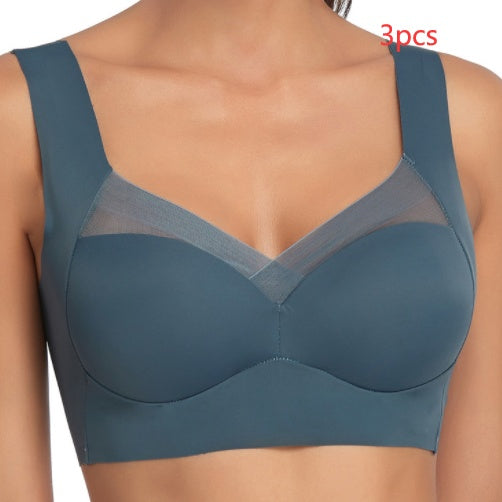 Wire-free full coverage comfort bra in slate blue with V-neck mesh inset