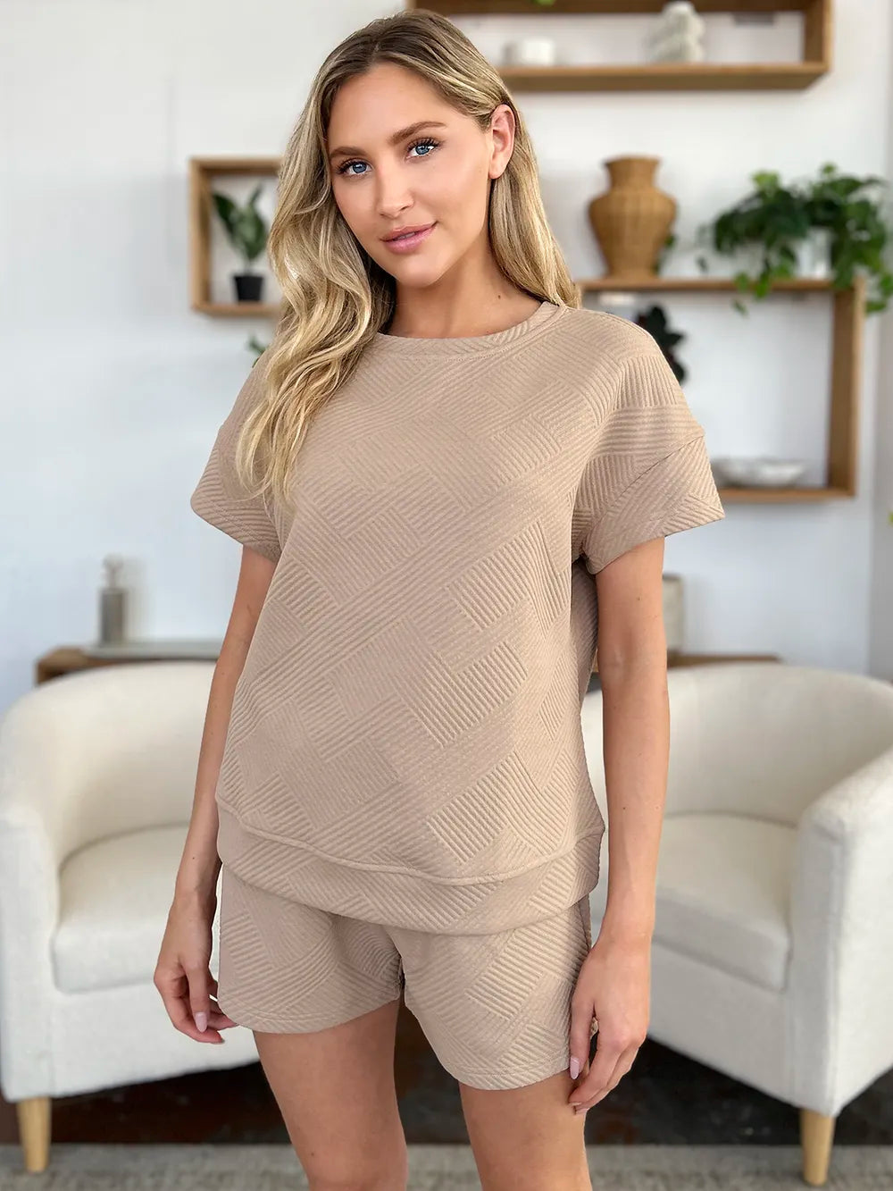 Taupe textured T-shirt & drawstring shorts set, front view, fitted shorts