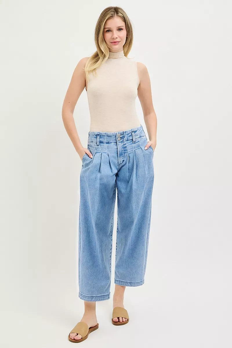 RISEN slouchy crop barrel pleated jeans, medium wash blue worn with sleeveless top