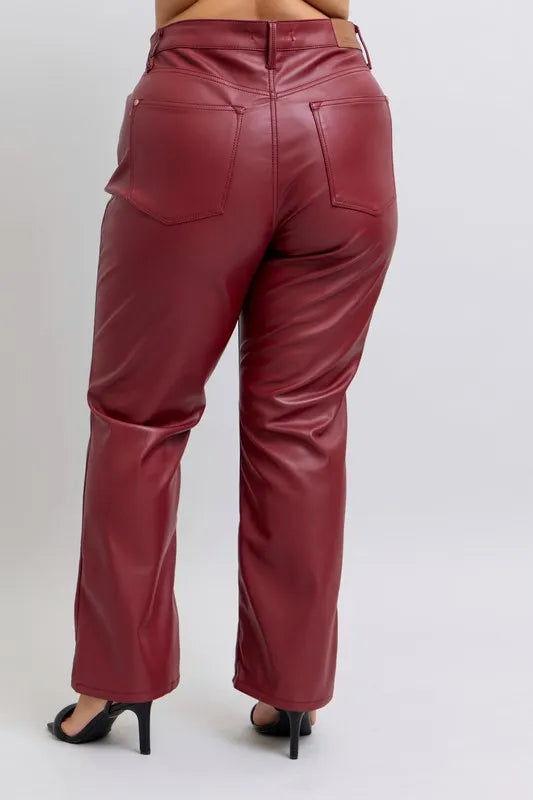 Red faux leather straight pants with back pockets and high waist seams