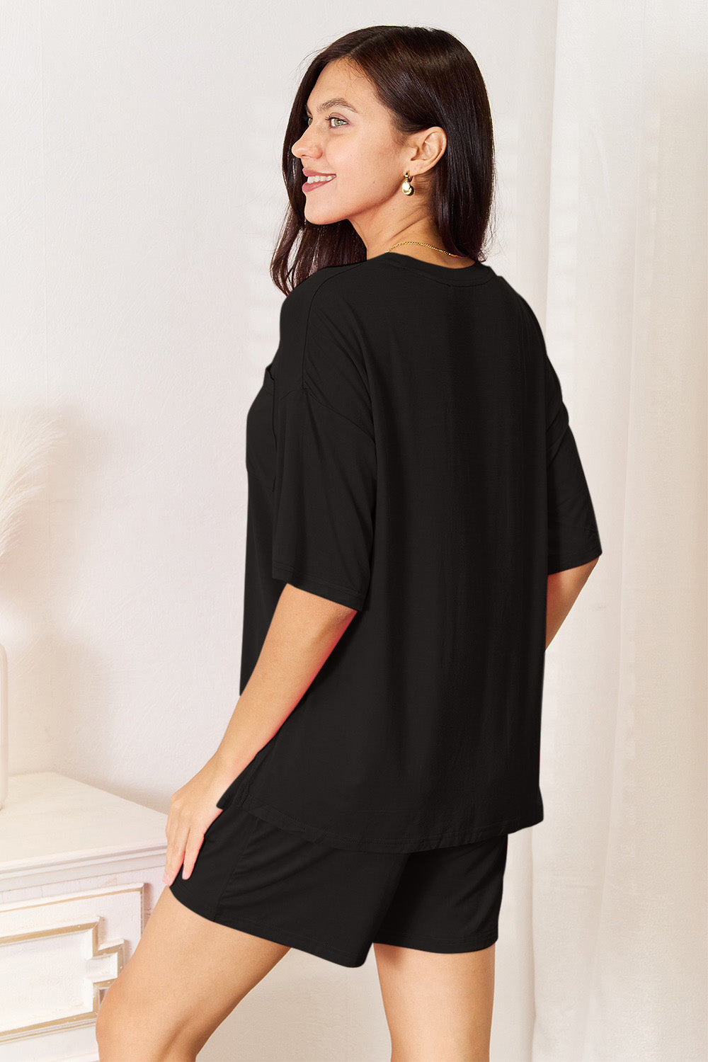 Black rayon top and shorts set, back view, half sleeves and drawstring waist