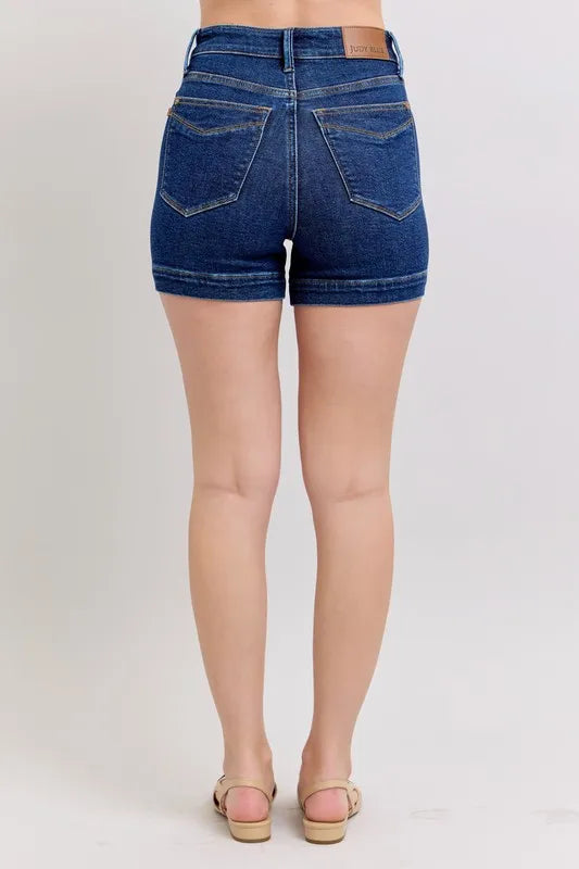 Rückansicht: Jeans-Shorts Plus Size mit hohem Bund, dunkelblau, Gesäßtaschen