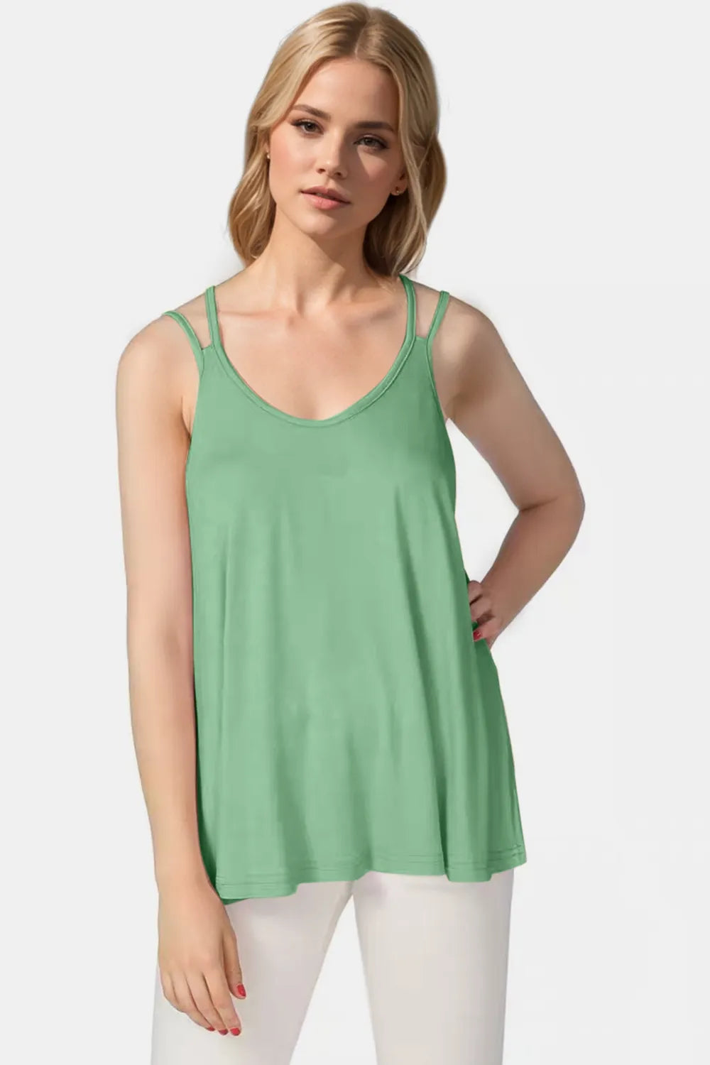 Basic Bae bamboo scoop neck cami, green, double spaghetti straps relaxed drape