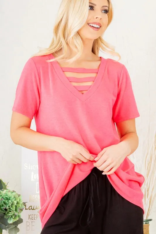 Neon pink V-neck T-shirt with striped bar cutout detail at the neckline
