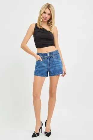 Dark-wash denim shorts with belt detail and cuffed hem
