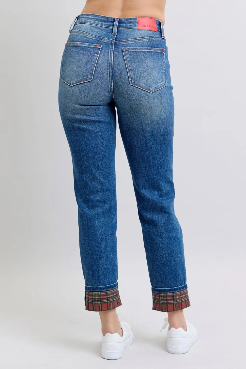 Medium wash straight-leg jeans, back view with two pockets
