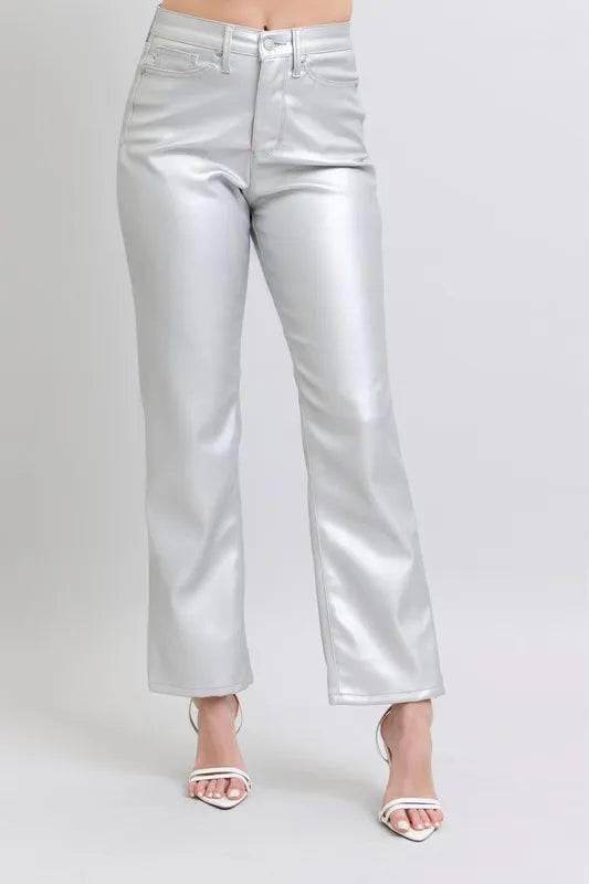 High-waist metallic faux leather pants with wide leg, button fly, front pockets