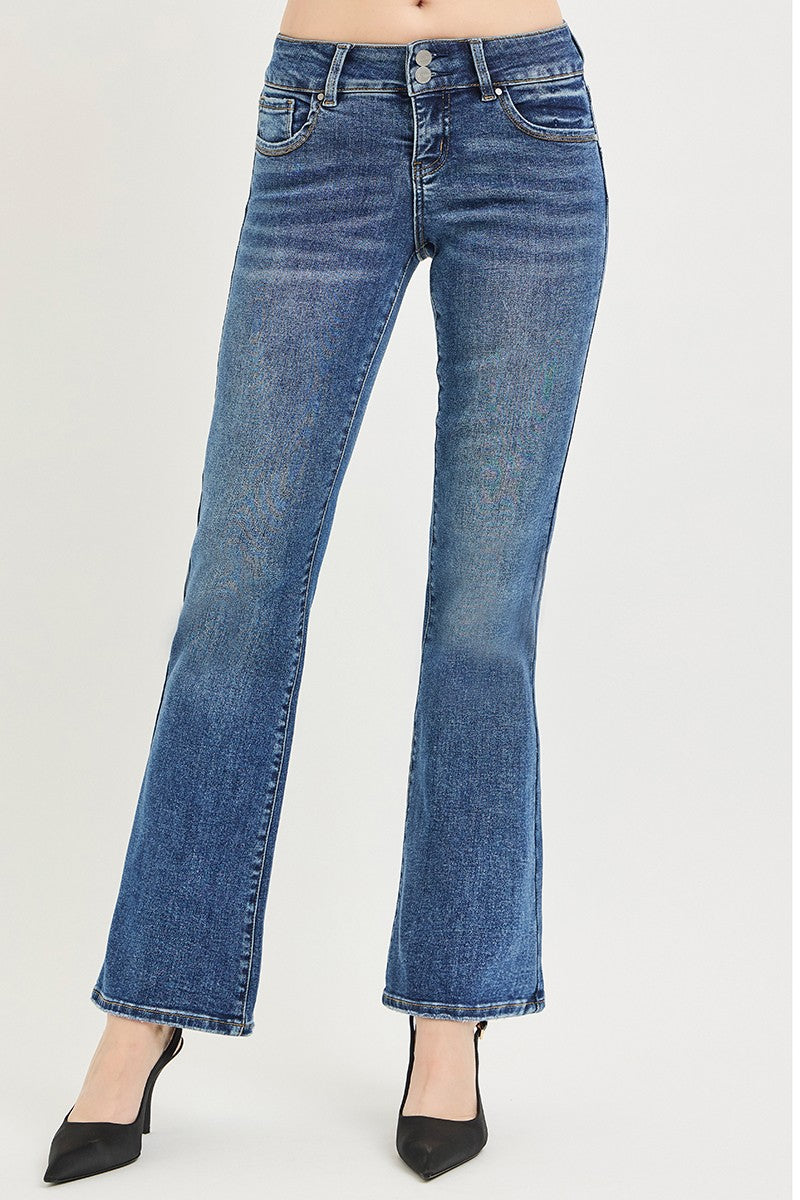 Medium wash bootcut jeans with relaxed flare leg and cuffed stitched hem