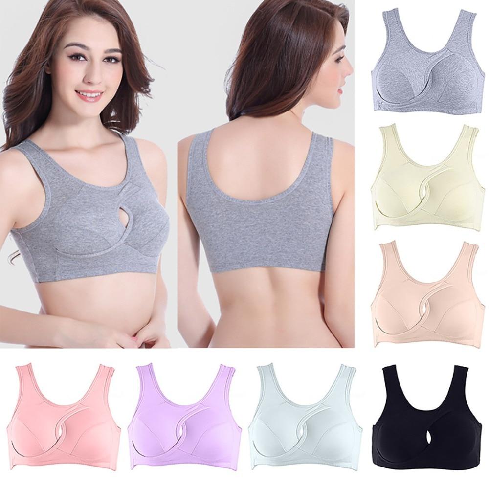 Gray cotton sports bra with center cutout, shown from front and side
