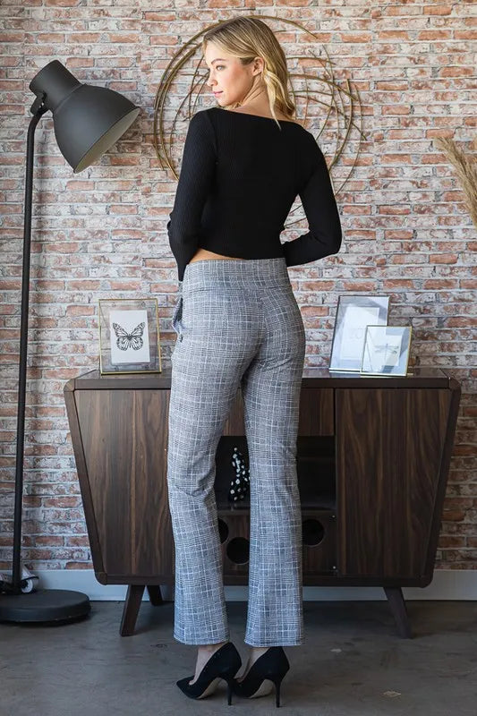 Gray windowpane plaid wide-leg pants, full length, wide waistband