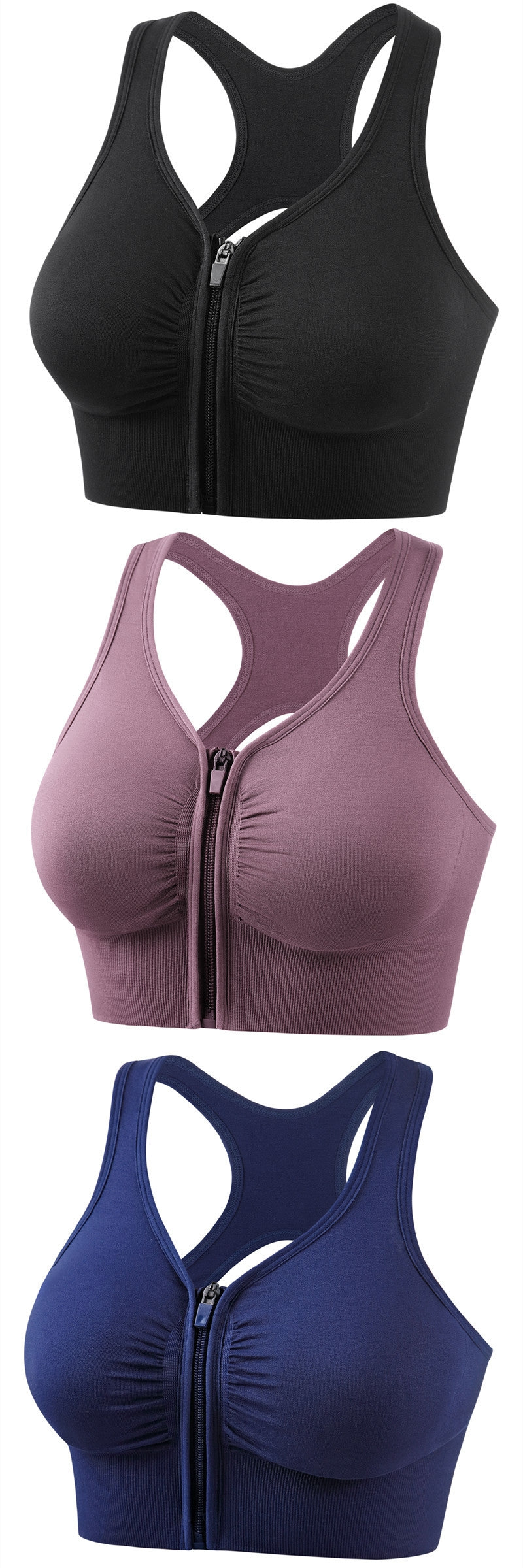 Padded plus-size sports bra set, zip-front racerback in black, pink and navy