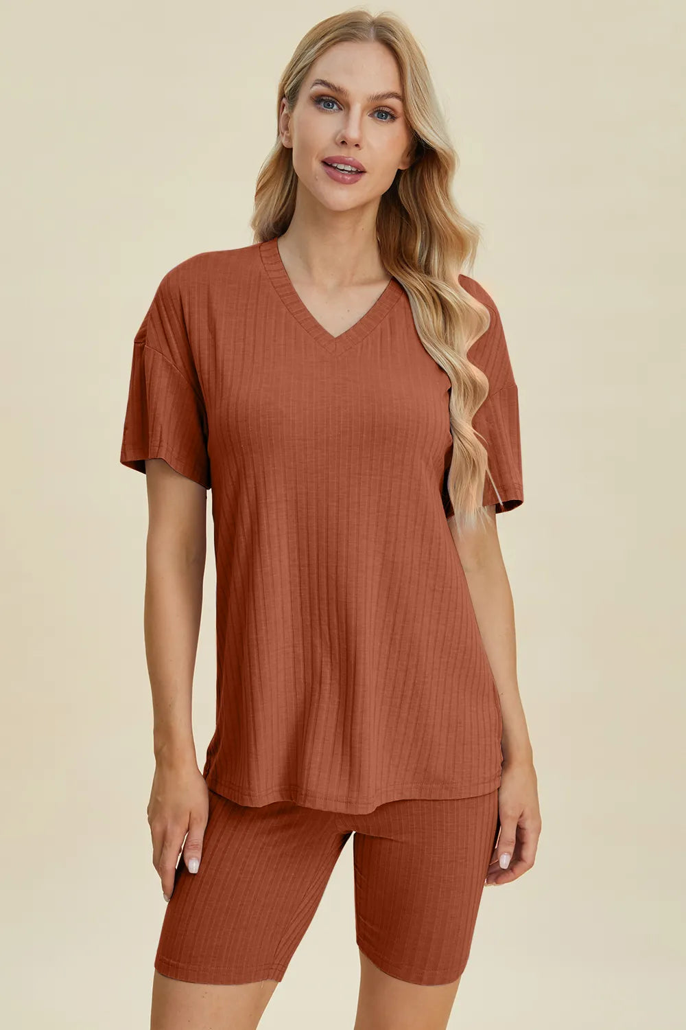 Rust brown ribbed V-neck short-sleeve top and biker shorts set, front view