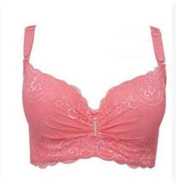 Pink lace push-up bralette with V-neck lace cups and beaded center clasp