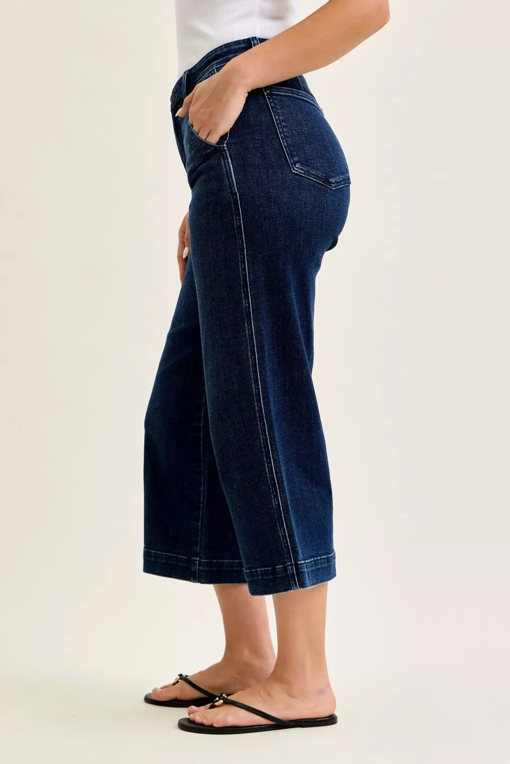 Back/side view of high waist wide-leg ankle jeans in dark wash DK