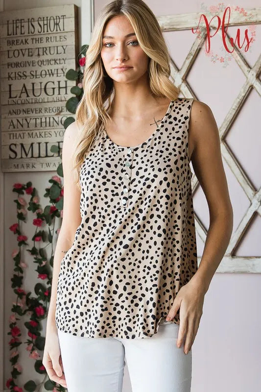 Plus-Size Tiermuster-Trägershirt (Khaki/Schwarz) mit Knöpfen vorne, ärmellos