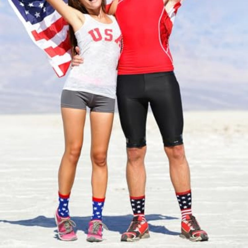 Patriotic crew socks with blue star section and red-and-white stripes, red cuffs