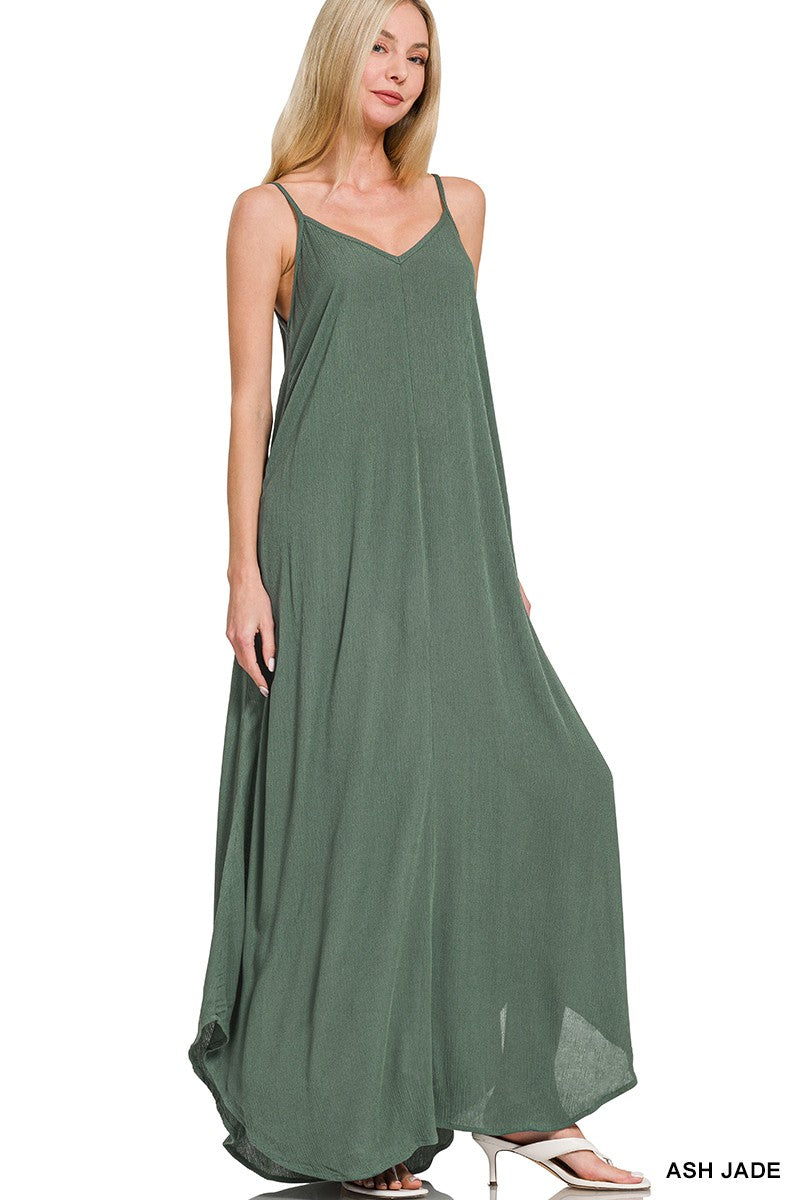 Ash Jade woven crinkle cami maxi dress, wide straps, side pockets