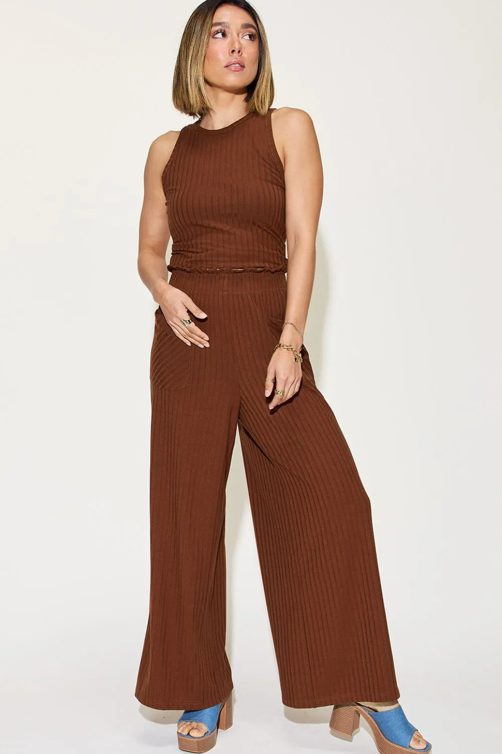 Brown ribbed sleeveless tank and wide-leg pants set with side pockets