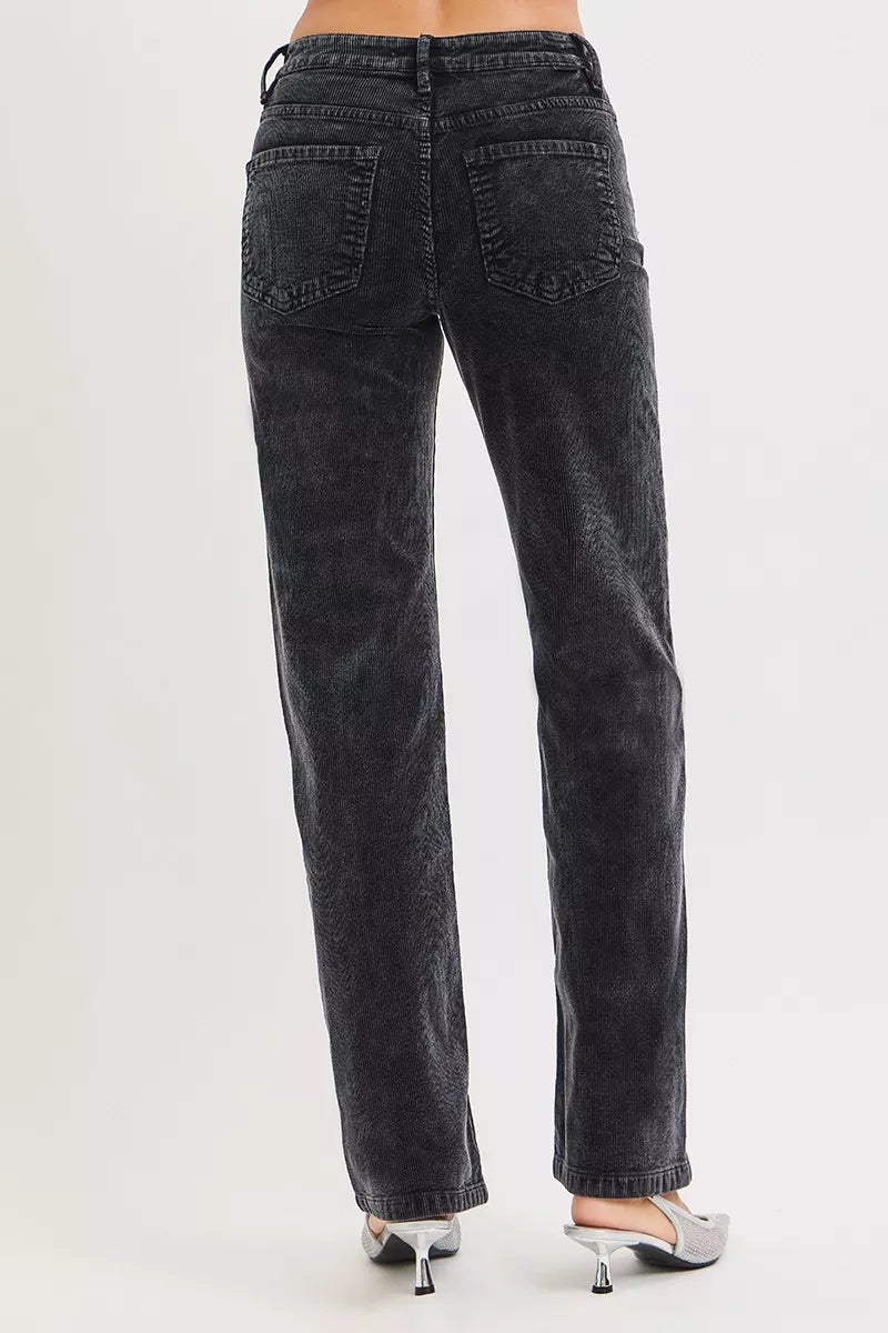 Midnight corduroy straight-leg pants, back pockets, button fly, mid-rise waistband