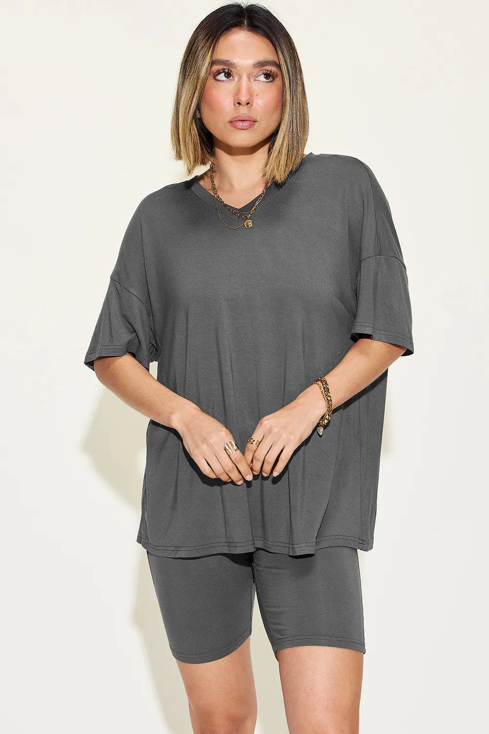 Dark gray V-neck drop-shoulder T-shirt and shorts set