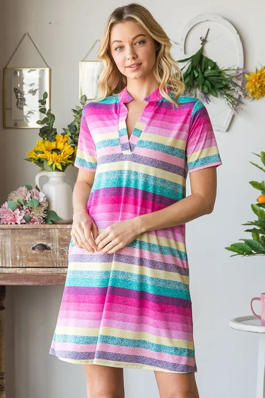 Pink multi striped mini tee dress with V-style polo placket and short sleeves