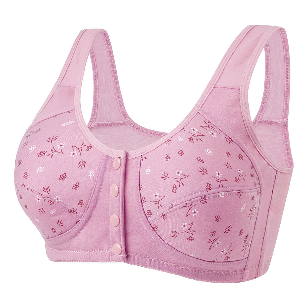 Printed wireless bra with wide straps, front button closure, pink floral pattern