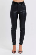 Judy Blue plus size faux leather skinny pants, black, front view with button waist
